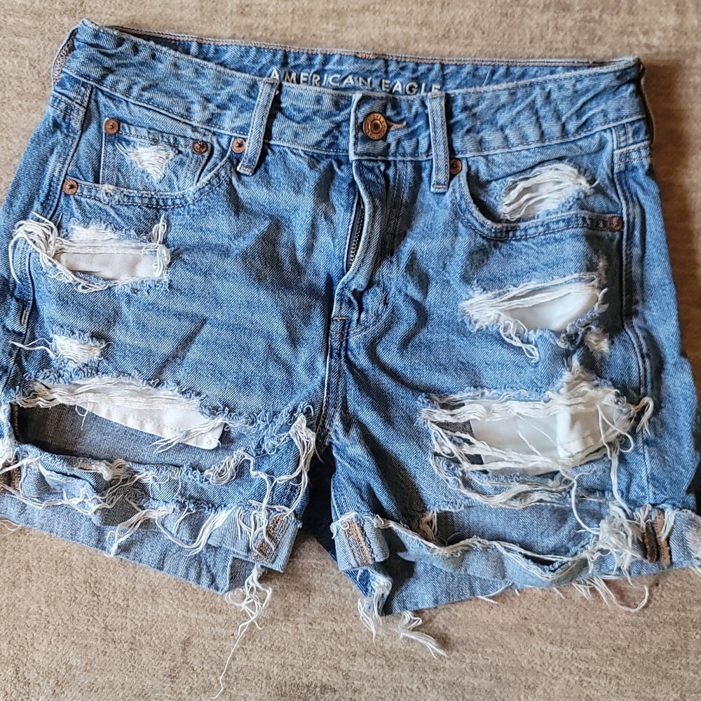 American Eagle Grunge Festival Distressed Denim Shorts High Rise Size 0 Blue